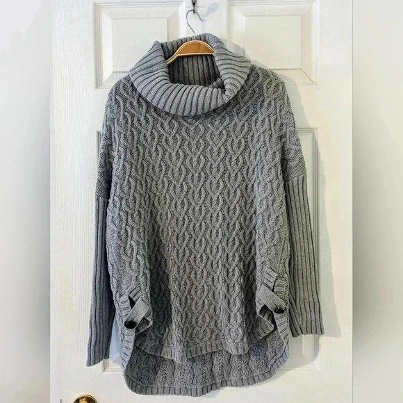 Anthropologie If It Were Me Gray Cowl Neck Cable Knit Seater Sz. M Soft Button - Picture 1 of 8